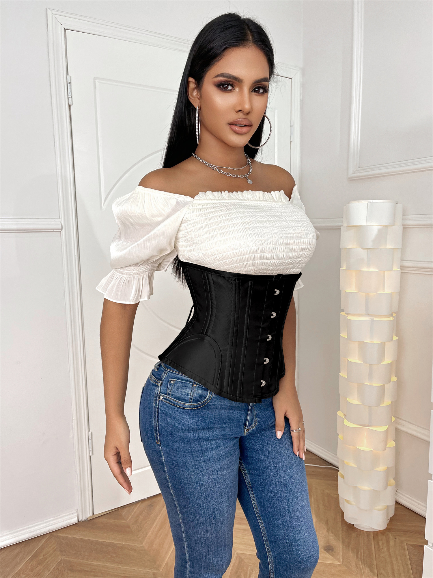 Womens Classic Steel Boned Black Corset - Waist Cincher Bustier